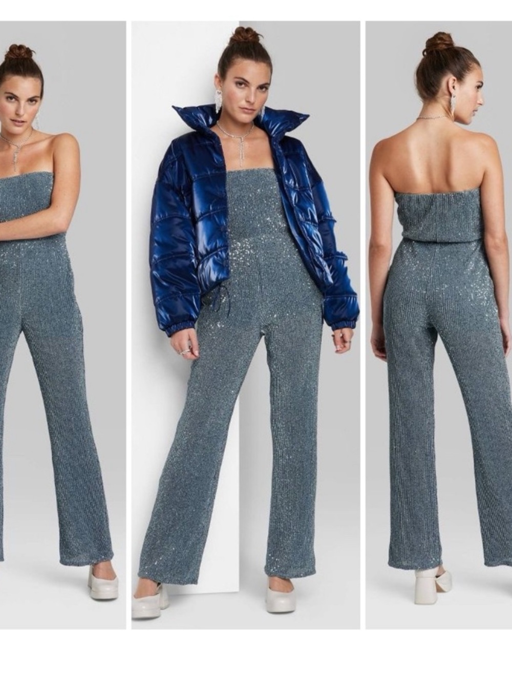 wild fable S Strapless Sparkle Jumpsuit in Blue-Gray